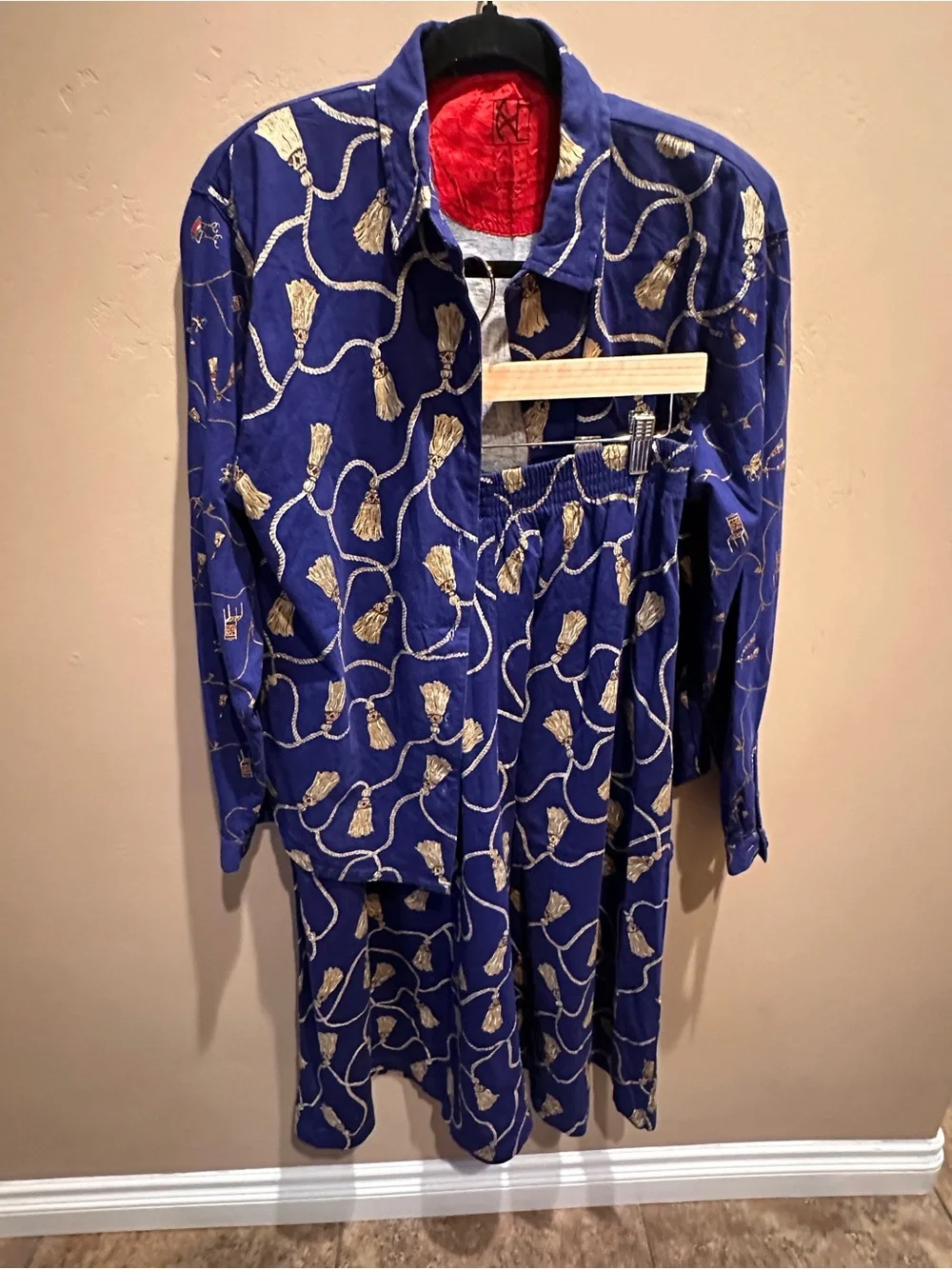 Vtg Carole Little Sport Petites Blue Tassel Rope Crown Shirt Skirt 2-Pc Set M/S